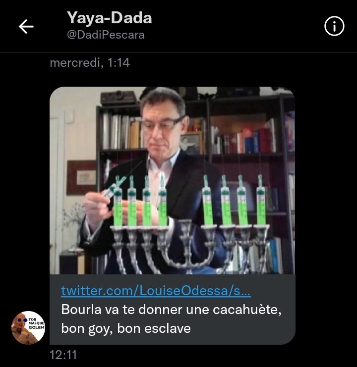 LouiseOdessa's tweet image. L&apos;antisémitisme...ces gens sont désespérants de complotisme.
Cet immondice répond (alors qu&apos;on ne lui demande rien) à mon tweet bilan des 5 mois de #SpaceMed d&apos;info à la vaccination. Bien sûr il déverse sa haine en DM.