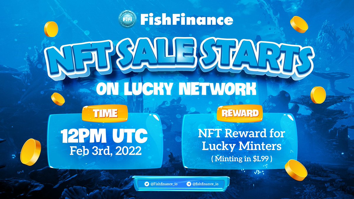 NFT Sale Starts on <a href="/LuckyNetworkWW/">Lucky Network</a> 

Mint now at nft.fishfinance.io with $L99
Reward: FREE Fishing Rod NFTs for Lucky Minters

#FishFinance #RacingFish #NFT