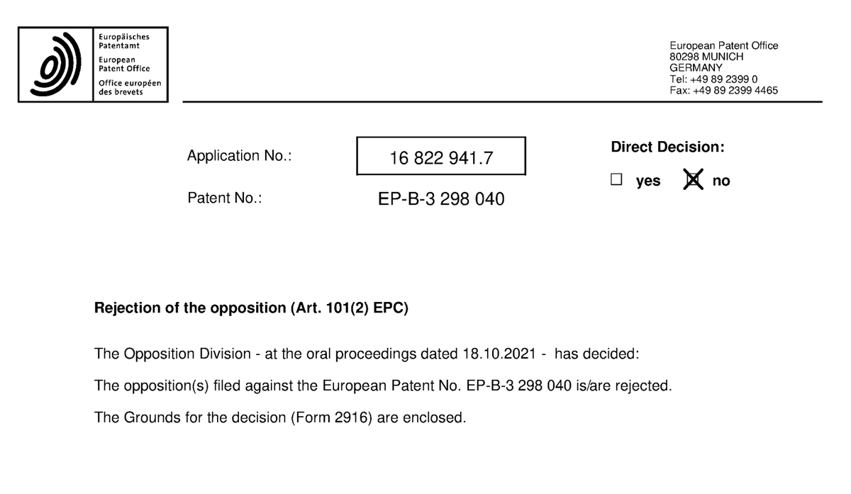 European Patent Office just published that the most recent attack on one of our fibrosis patents is rejected

This is the third opposition in 2 years

Bayer this time...

Don't let VC/Pharma tell you university patents don't matter

They do

BTW going to court = scary 😬