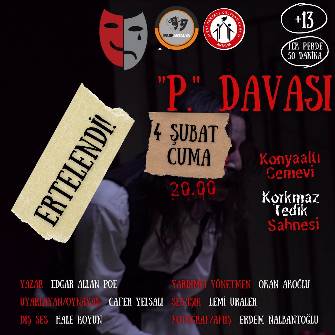⚠️Oyunumuz Antalya'da olan hava muhalefeti nedeniyle yarın aynı saatte, aynı sahnede oynanacaktır!

4 Şubat Cuma 20.00'de
Konyaaltı Cemevi Korkmaz Tedik Sahnesi

#tiyatroiyidir #tiyatro #antalya #muratpaşa #konyaaltı #edgarallanpoe #etkinlik #theatre #uyarlama