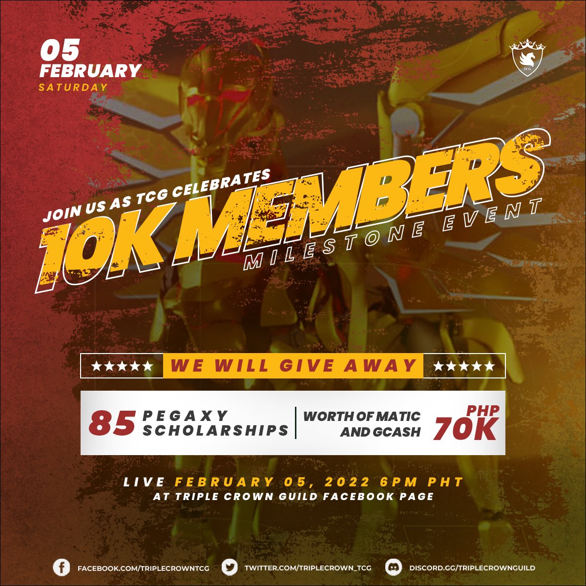 TripleCrown_TCG's tweet photo. To thank the solid TCG community, we will give away 85 PEGAXY SCHOLARSHIPS and P70,000 worth of Matic tokens sponsored by some of our exceptional TCG Managers!😍

Join us on February 5, 2022 | 6PM PHT on TCG Facebook Page! https://t.co/2Uf3PYTqIK
