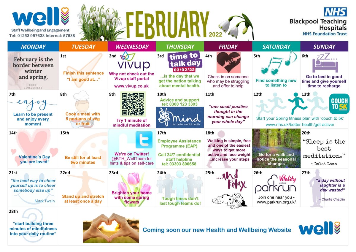 Happy February everyone! please check out our latest calendar, full of self care tips, staff support and all round good vibes! 😀😎#Wellteam  #Wellbeing <a href="/BlackpoolHosp/">NHS Blackpool Teaching Hospitals 💙🌈</a> @BTH_WellTeam Please print off in colour and fill your staff spaces