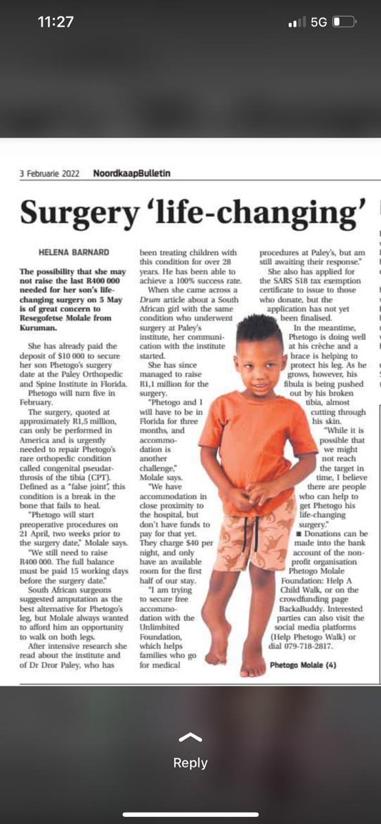 MolalePhetogo's tweet photo. @gentlebjgiant Please Invest In A Child 🙏🙏 he's due for a reconstructive surgery in April. We've raise R1.1million so far, R400 000 outstanding. Any amount will be appreciated. Donate directly to the NPO account or on Backabuddy (Help Phetogo Walk) 🙏 https://t.co/9OdglE2FpA