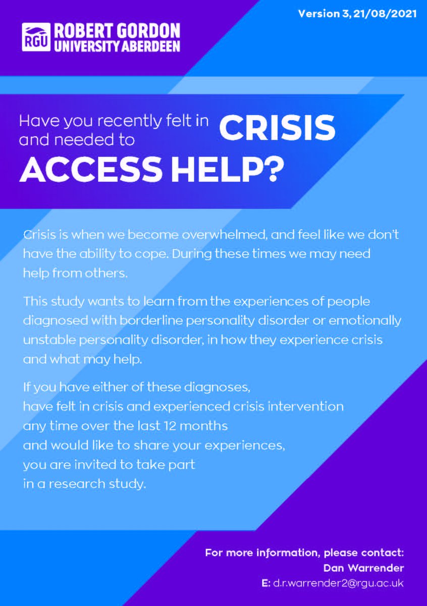 I'm doing a research study on experiences of crisis intervention for people diagnosed with BPD/EUPD who live in Grampian, Scotland.  Please see below flyer and linked 2 minute video about what is involved, and email me if interested.  Please share.  youtube.com/watch?v=NfsWvj…