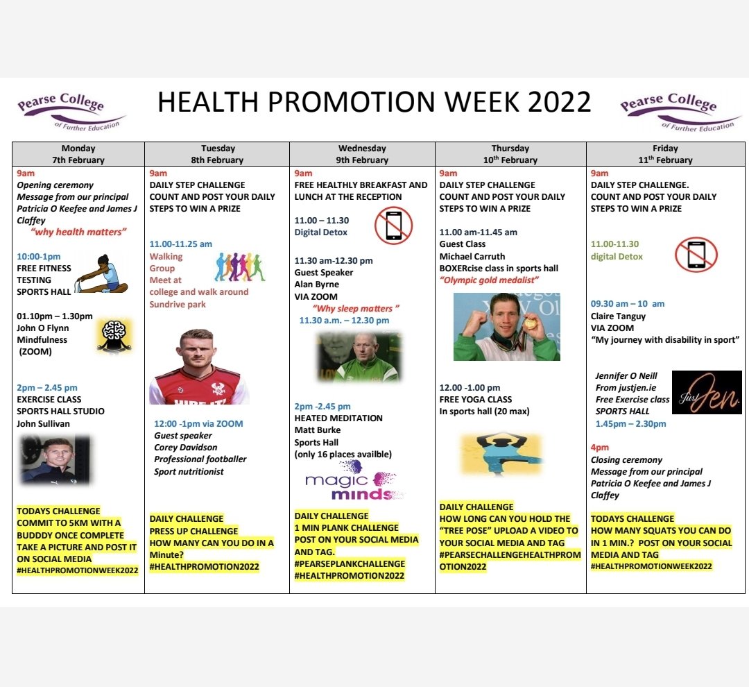 PearseCollege's tweet image. 🏃‍♀️🏃‍♂️🤸‍♂️🤸‍♀️🤸‍♂️🚴‍♂️🚴‍♀️🏃‍♂️🚴‍♂️🏃‍♀️🤸‍♀️
AND IT'S LIVE OUR 
HEALTH PROMOTION 
TIMETABLE 2022
🧠🧠🧠💜💜💜💜💜💜

TALKS AND CLASSES 
ALL FOR FREE 

WE WELCOME 
@zedbandit
@Correy_10 
@ancoraemparo @sullo11 

Olympic gold medalist 
@michaelcarruth2 

#healthpromotion2022