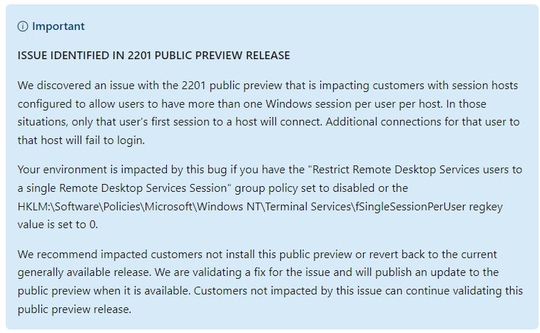 The #FSLogix 2201 public preview has an issue with session hosts configured to allow users to have more than one Windows session per user per host. docs.microsoft.com/en-us/fslogix/…