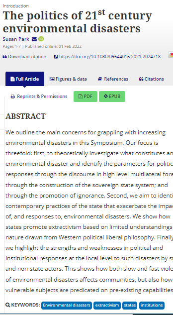 Env_Pol's tweet image. &quot;The politics of 21st century environmental disasters&quot;
@spark_syd introduces symposium - work by herself, @WinterChristine @teresakramarz Rebecca Lawrence and Sabine Selchow

#EnvironmentalDisasters
@SEI_Sydney 

tandfonline.com/doi/full/10.10…