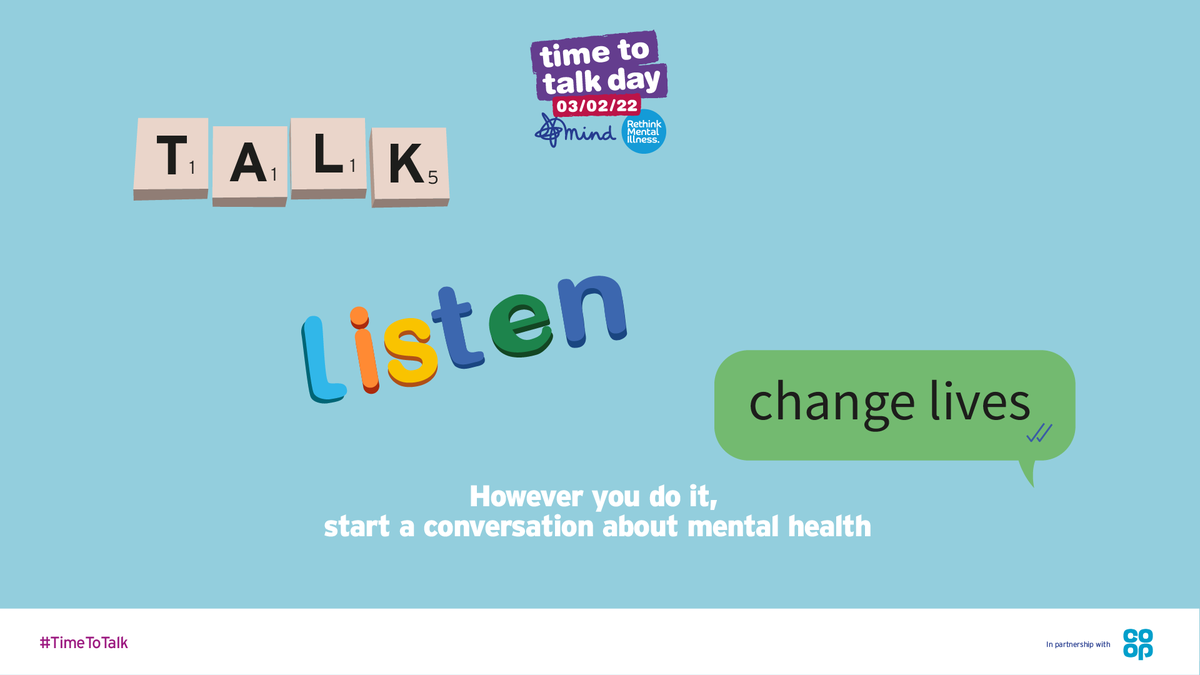 💙 Having the space to talk and for someone to listen can make a big diffence. 

On Time to Talk Day (3 February), however you do it, let's start a conversation about mental health.

Talk, Listen, Change Lives

#TimeToTalk