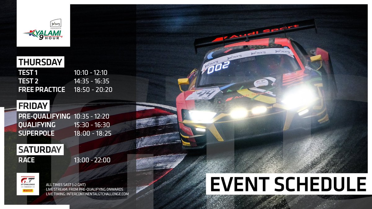 Behold: it’s your essential <a href="/kyalami9hour/">Kyalami 9 Hour</a> schedule! Livestreaming starts tomorrow but you can follow today’s sessions via the link below.

⏱ bit.ly/Kyalami9HTiming

Remember: all times are SAST (GMT +2)

#IGTC | #Kyalami9H 🇿🇦