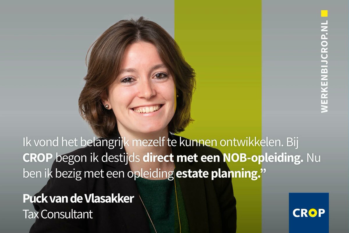 Waarom heb jij bij CROP gesolliciteerd? Puck, Tax Consultant: “Ik vond het belangrijk mezelf te kunnen ontwikkelen. Bij CROP begon ik destijds direct met een NOB-opleiding. Nu ben ik bezig met een opleiding estate planning." Lees meer: werkenbijcrop.nl/blog-puck/ #werkenbijcrop
