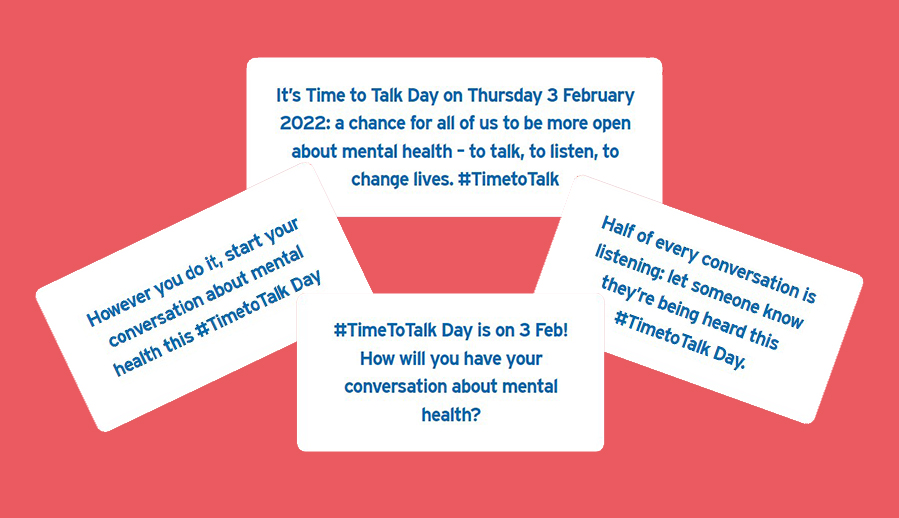 MJM_Consulting's tweet photo. Feb 3rd is #TimeToTalk Day. Time to Talk Day is the nation’s biggest mental health conversation and it is the day that friends, families, communities, and workplaces come together to talk, listen and change lives. https://t.co/61HObfHMuq https://t.co/xNEDFdpZRn