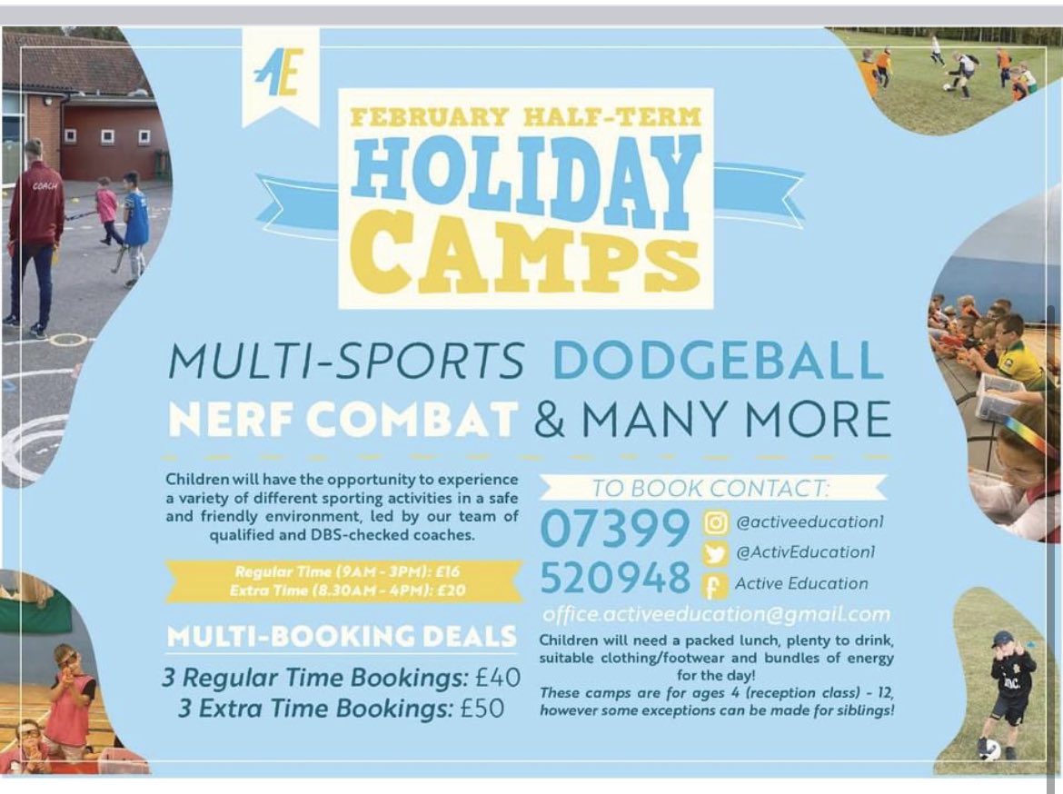 ActivEducation1's tweet photo. Here it comes not long to go now our AMAZING half term camps
#fakenham
#cromer
#roughton
#sportforall
#nextgeneration
#Children
#HalfTerm
Book today places are limited
#SpreadTheWord https://t.co/kQGo8ZiCso