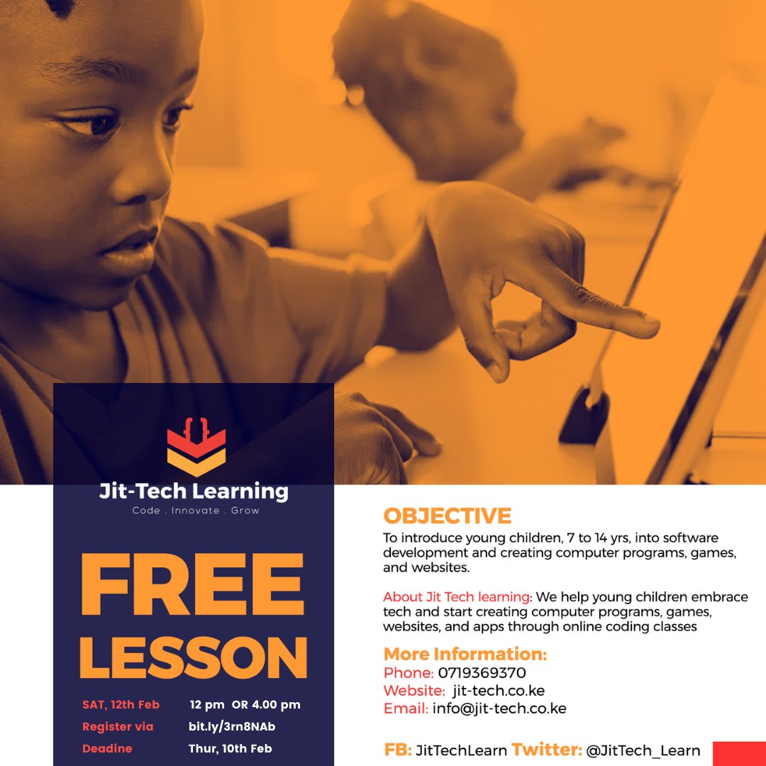 JitTech_learn's tweet photo. This month, we are gifting a free lesson to young children aspiring to start a journey in coding
We are accepting only 15 kids per session. Sign up earlier enough if interested.
Sign up link https://t.co/IJGxxz1TnJ Deadline Thur 10th Feb
#codeInnovateGrow PleaseRetweetMe https://t.co/9wICDUDDlo