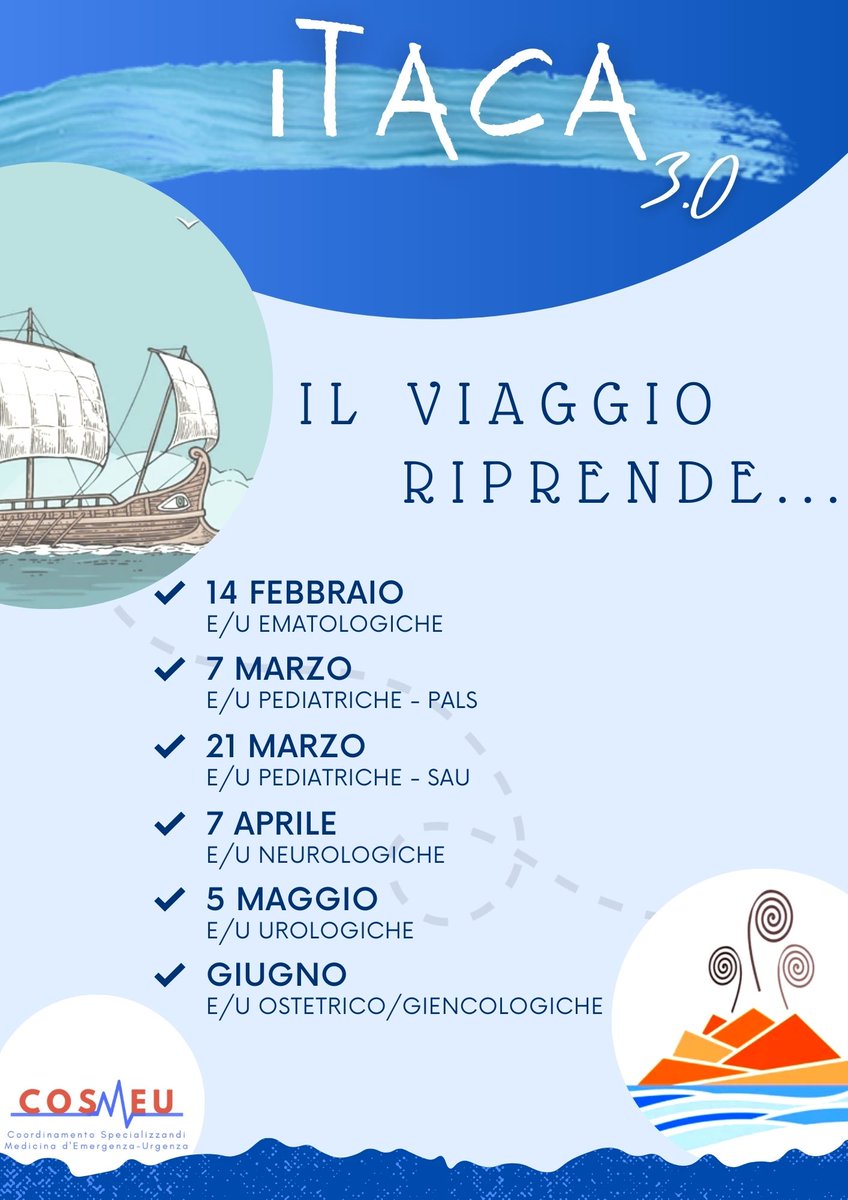 Come promesso, riprende il viaggio verso Itaca! 
Primo incontro Lunedì 14 Febbraio: 
Giulia Bartalucci (ematologa) e Stefano Sartini (MEU) si confronteranno sulla gestione delle principali emergenze ematologiche. 
Vi aspettiamo!
cosmeu.wordpress.com 
#gomeu #competencesmatter