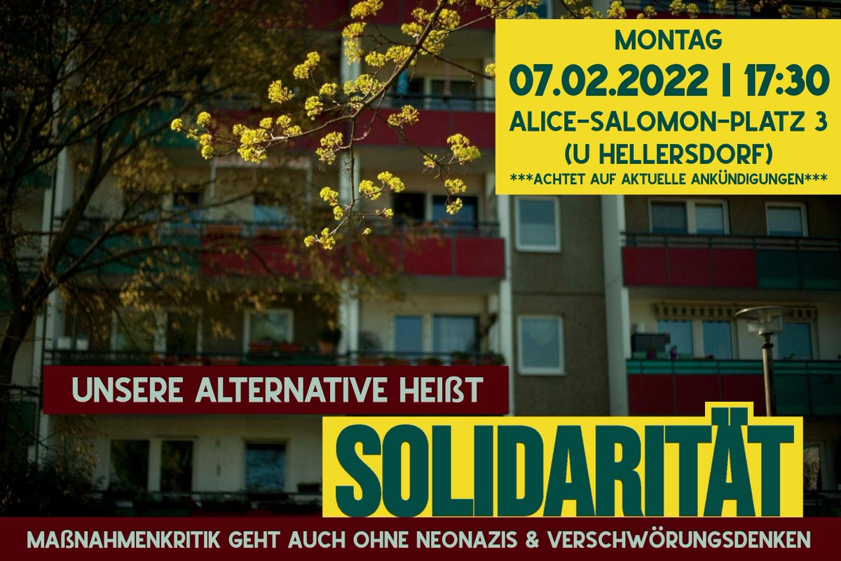 antifanordost's tweet image. Zur Zeit ziehen sog. „#Spaziergänge“ jeden Montag bundesweit durch die Städte. #Neonazis sind dort willkommen.

Kommt am 07.02. zur Demo gegen den Marsch der #CoronaLeugner:innen in #Hellersdorf!
🕙07.02. | 17.30 Uhr
📍Alice-Salomon-Platz (U-Hellersdorf)
➡️de.indymedia.org/node/171803