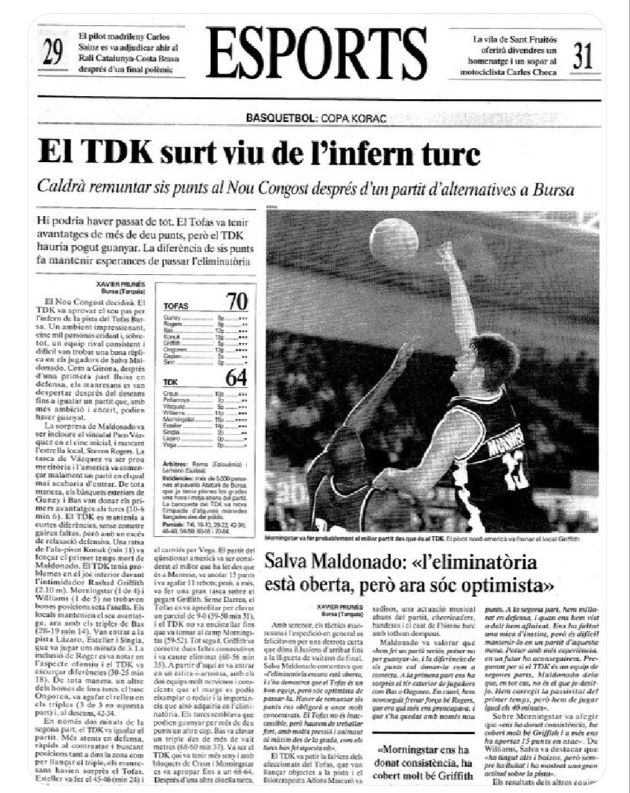 Ja fa uns quants anys... uns mesos abans de guanyar la Copa del Rei a Murcia. També perdíem de 6 a Bursa.  Bona memòria <a href="/Gerard_Castane/">Gerard Castañé</a>. <a href="/BasquetManresa/">BAXI Manresa</a> #lahistoriaserepite #somhi <a href="/diariRegio7/">Regió7.cat</a> <a href="/BasketCatala/">Basket Català</a>
