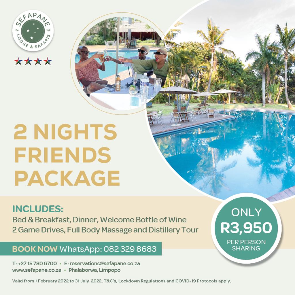 🚨 Travel Deal Alert 🚨

<a href="/SefapaneLodge/">Sefapane Lodge</a> 2 nights friends package: 

Bed and breakfast | Dinner | Welcome bottle of wine | 2 game drives | Full body massage and Distillery tour. 

#GoLimpopo 
#MoreToEnjoy