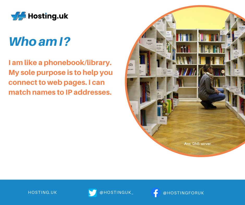 HostingUK_'s tweet photo. Who am I? I am like a phonebook. My sole purpose is to help you connect to webpages. I can match website host names to their corresponding IP addresses. 

#Hosting #webhosting #server #dnsserver
Ans: A DNS Server https://t.co/vttN9BVuAV