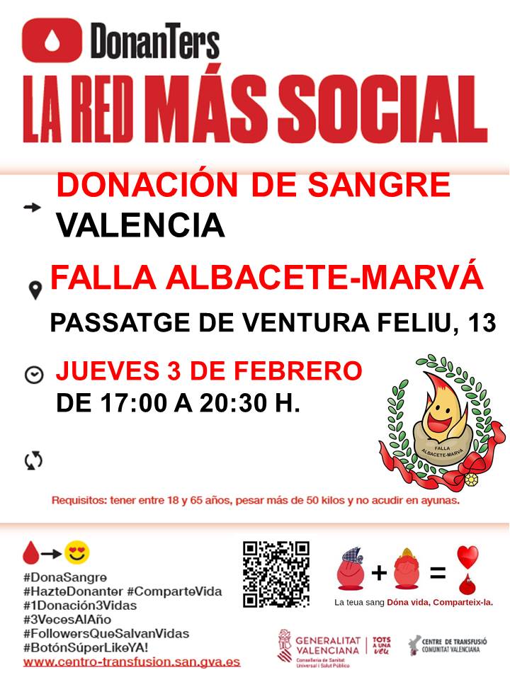 Donació de sang <a href="/AlbaceteMarva/">Falla Albacete Marvá</a>
📅dijous #3febrer
🕐17:00-20:30
👉Si tens entre 18 anys i 65 anys i peses més de 50 quilos 𝒑𝒐𝒕𝒔 𝒔𝒆𝒓 𝒖𝒏 𝒅𝒆𝒍𝒔 𝟔𝟓𝟎 𝒅𝒐𝒏𝒂𝒏𝒕𝒔 𝒒𝒖𝒆 𝒉𝒖𝒊 𝒏𝒆𝒄𝒆𝒔𝒔𝒊𝒕𝒆𝒎 per a #SalvarVides.
