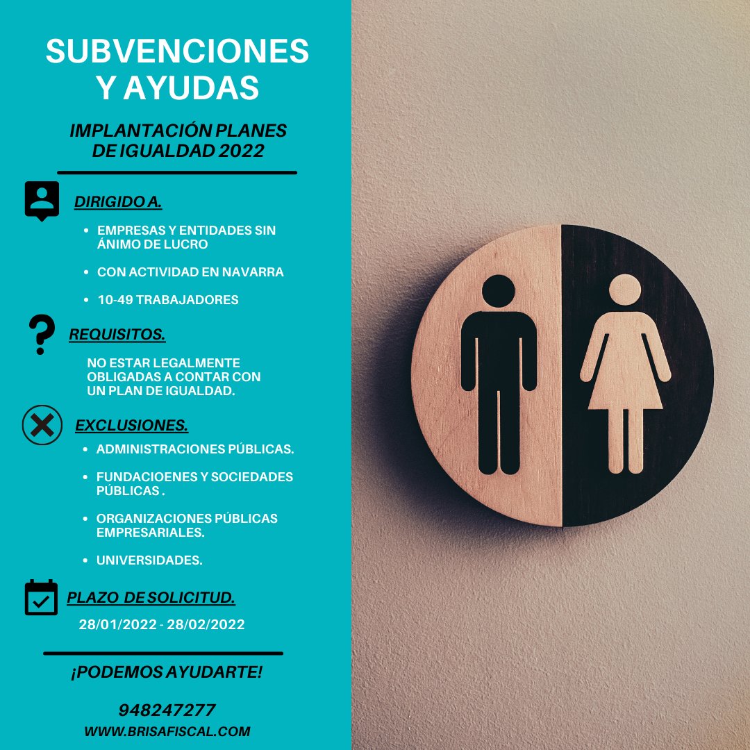 BRISAFISCAL's tweet image. Desde el 28 de enero, es posible presentar las solicitudes a la subvención para la implantación de Planes de igualdad en empresas y entidades sin ánimo de lucro. 
El plazo permanecerá abierto hasta el 28 de febrero.

#Subvenciones #Empresas #Planesdeigualdad #laboral #Navarra