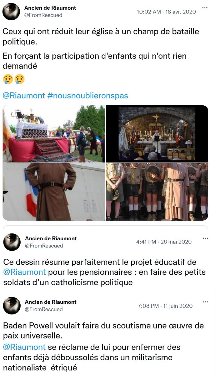 <a href="/FromRescued/">Ancien de Riaumont</a> <a href="/ZemmourEric/">Eric Zemmour</a> Cher imposteur,
n'en faites pas trop quand même pour essayer de faire croire que votre témoignage est celui d'un ancien de Riaumont (comme s'ils postaient sur Twitter avec un tel profil😅). 
Même s'il existent des captures d'écran, vous avez oublié d’effacer vos premiers tweets !