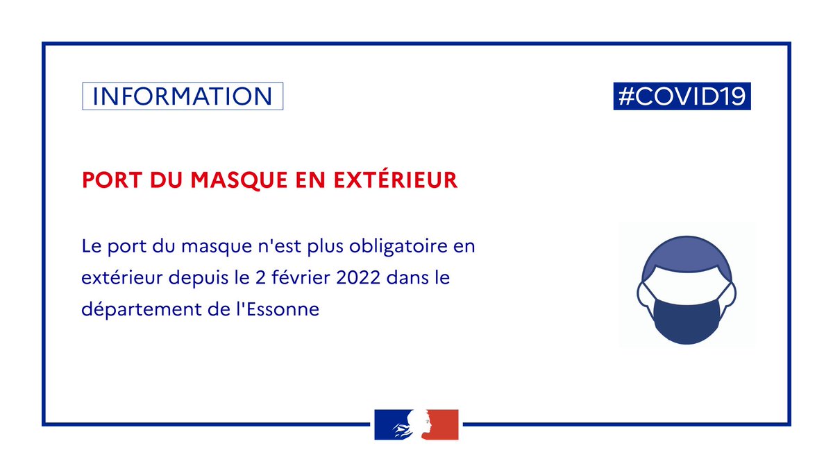 #COVID19 | 😷 Depuis le 2 février, le port du masque n'est plus obligatoire en extérieur dans le département de l'#Essonne 

👉Il reste cependant obligatoire dans les établissements recevant du public, en intérieur ou en plein air