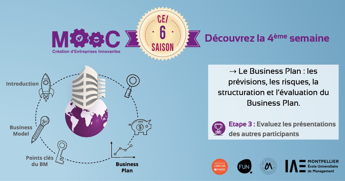 Après le modèle économique ✅, voyons comment passer du BM au Business Plan, dans la semaine 4⃣ du #MOOC. En + des vidéos, retrouvez une activité sur le plan de financement 💸 
🏆 La création d’entreprise est un travail d’équipe: évaluez les présentations des autres participants!