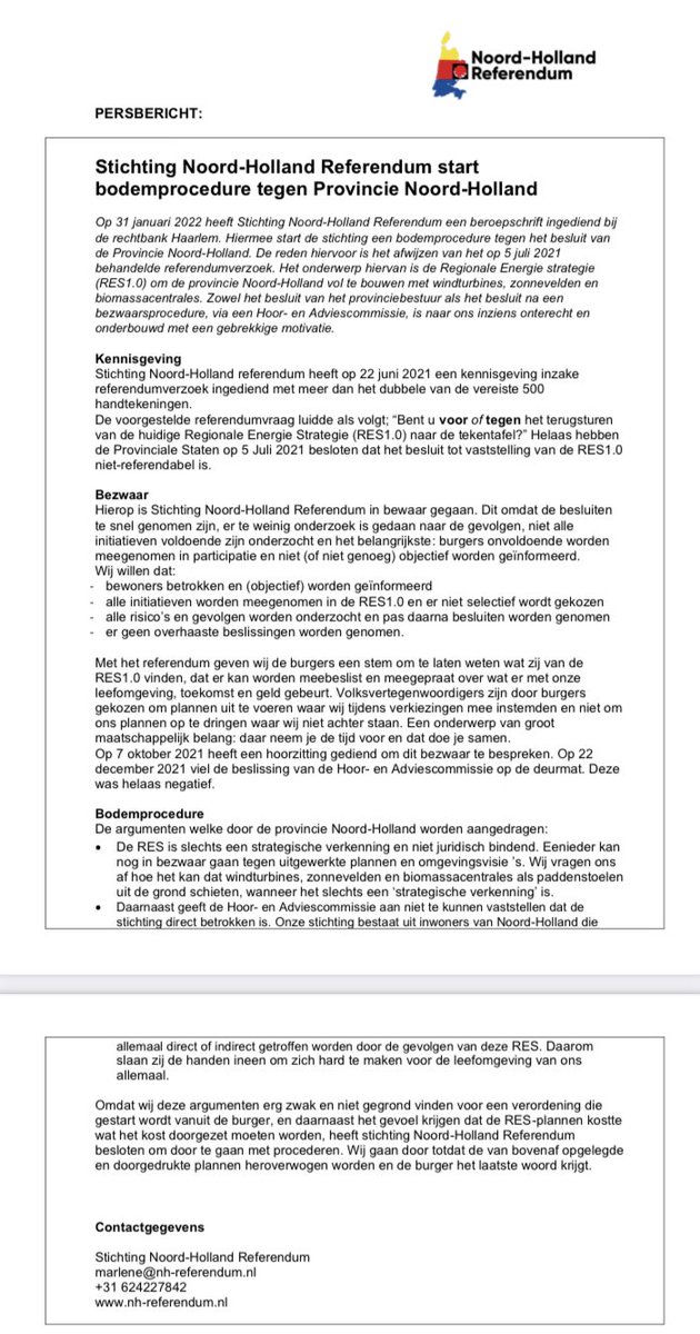 NhReferendum's tweet photo. Stichting Noord-Holland Referendum dient een Beroepschrift in bij de rechtbank Haarlem. Hiermee start de bodemprocedure tegen het afwijzen van het referendumverzoek, gestart dóór en voor burgers. Naar ons inziens onterecht (klimaat, spoedeisendheid, etc).
#referendum #res #nhref https://t.co/MJfLfYyRl3