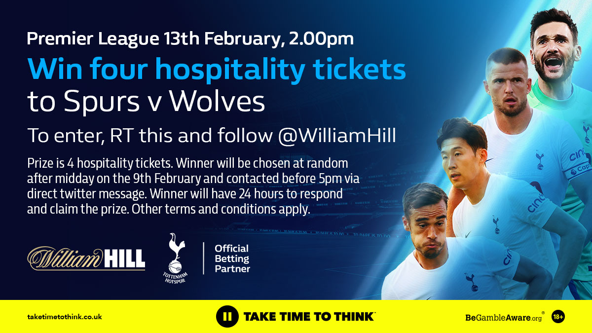WilliamHill's tweet image. We’re giving you the chance to win four hospitality tickets to the Spurs v Wolves game 😱⚽
 
To be in with a shot, enter before noon on the 9th of February and:
 
➕ Follow @WilliamHill
🔁 Retweet this post 
 
18+ | terms apply
wh.bet/SpursGiveawayT…