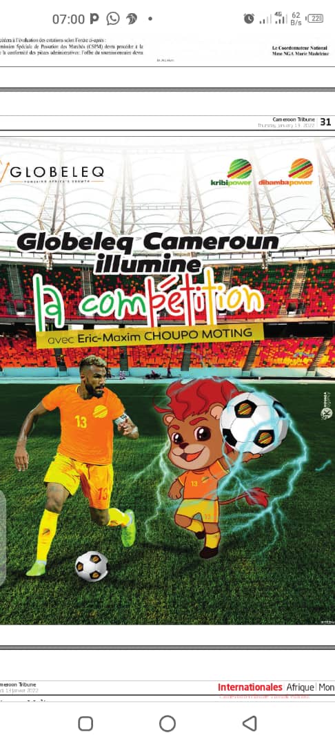 Kouaba_Agency's tweet photo. Tous derrière les Lions ce soir ! 
Campagne d'affichage à travers le pays et dans @CamerounTribune pour @GlobeleqC 
Créa et implémentation : @Kouaba_Agency 
Modèle : Choupo Moting
Date : Janvier/Février 2022 https://t.co/1Z31pM4QoE