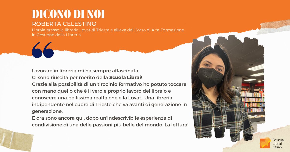 💬#slitestimonials
Dal tirocinio durante il corso di #scuolalibrai all'assunzione... Ecco la testimonianza di Roberta Celestino, allieva del Corso 2021 di Alta Formazione in Gestione della Libreria e oggi libraia presso la libreria Lovat Trieste🧡🎓📚!
 #corso2022 #corsoperlibrai