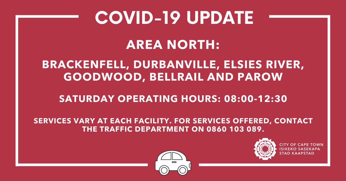CityofCT's tweet photo. City’s Driving License Testing Centres (DLTC) are open this weekend.

To assist as many applicants as possible the following DLTC’s will be operational on Saturday, 5 February 2022.

Please take note that facilities may be closed due to Covid-19. Updates will be made.

#CTInfo https://t.co/VpOkiQPALh