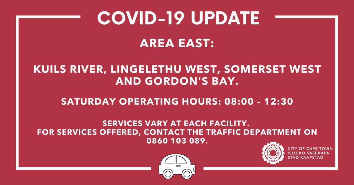 CityofCT's tweet photo. City’s Driving License Testing Centres (DLTC) are open this weekend.

To assist as many applicants as possible the following DLTC’s will be operational on Saturday, 5 February 2022.

Please take note that facilities may be closed due to Covid-19. Updates will be made.

#CTInfo https://t.co/VpOkiQPALh