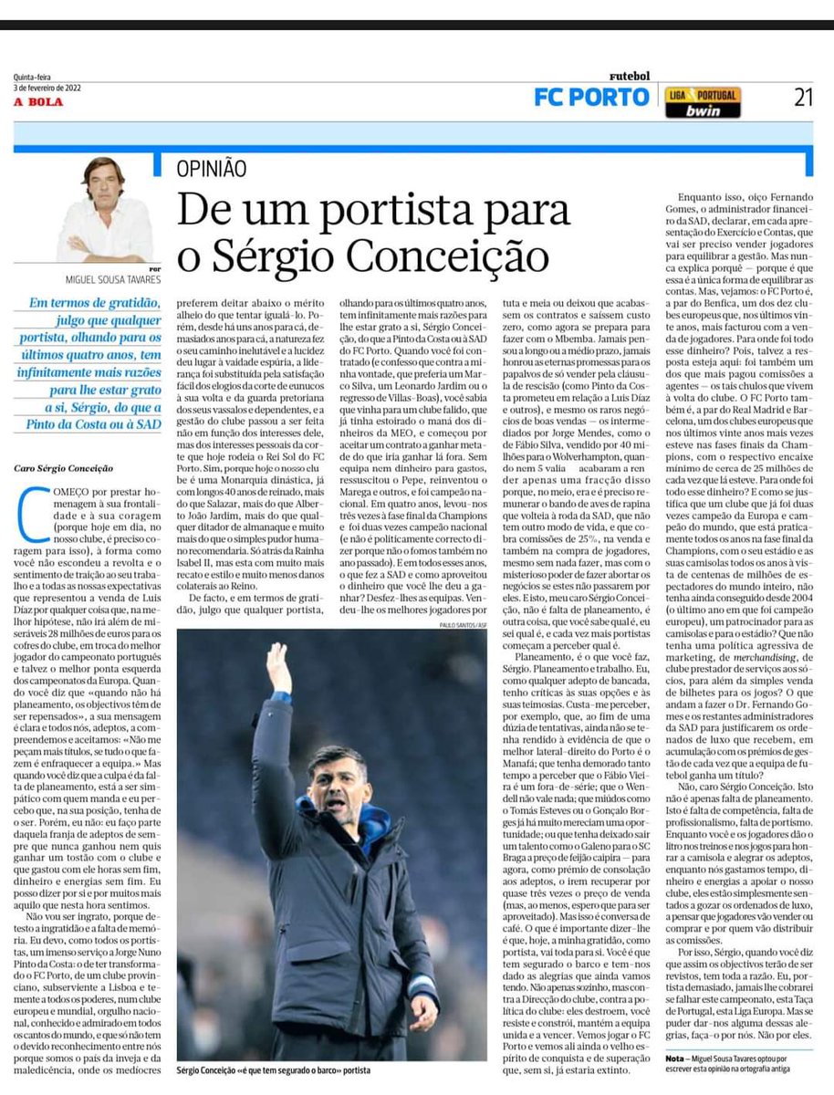 vitorsmirand's tweet photo. A crónica mais fantástica que li desde o dia que Sérgio Conceição assinou pelo FC Porto. Subscrevo integralmente. https://t.co/WHiezhOSVK