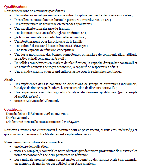 DEMO LLN 🇧🇪 (@demographielln) on Twitter photo #emploi
Ouverture d'une offre de contrat doctoral!
Nous recherchons un ou une doctorant·e francophone, avec un profil qualitatif, afin de travailler avec <a href="/SchnorC/">Schnor Christine</a> sur son projet passionnant: "Conflicting motherhood norms"
#poptwitter
Rejoignez-nous! @UCLouvain_be #emploi
Ouverture d'une offre de contrat doctoral!
Nous recherchons un ou une doctorant·e francophone, avec un profil qualitatif, afin de travailler avec <a href="/SchnorC/">Schnor Christine</a> sur son projet passionnant: "Conflicting motherhood norms"
#poptwitter
Rejoignez-nous! @UCLouvain_be