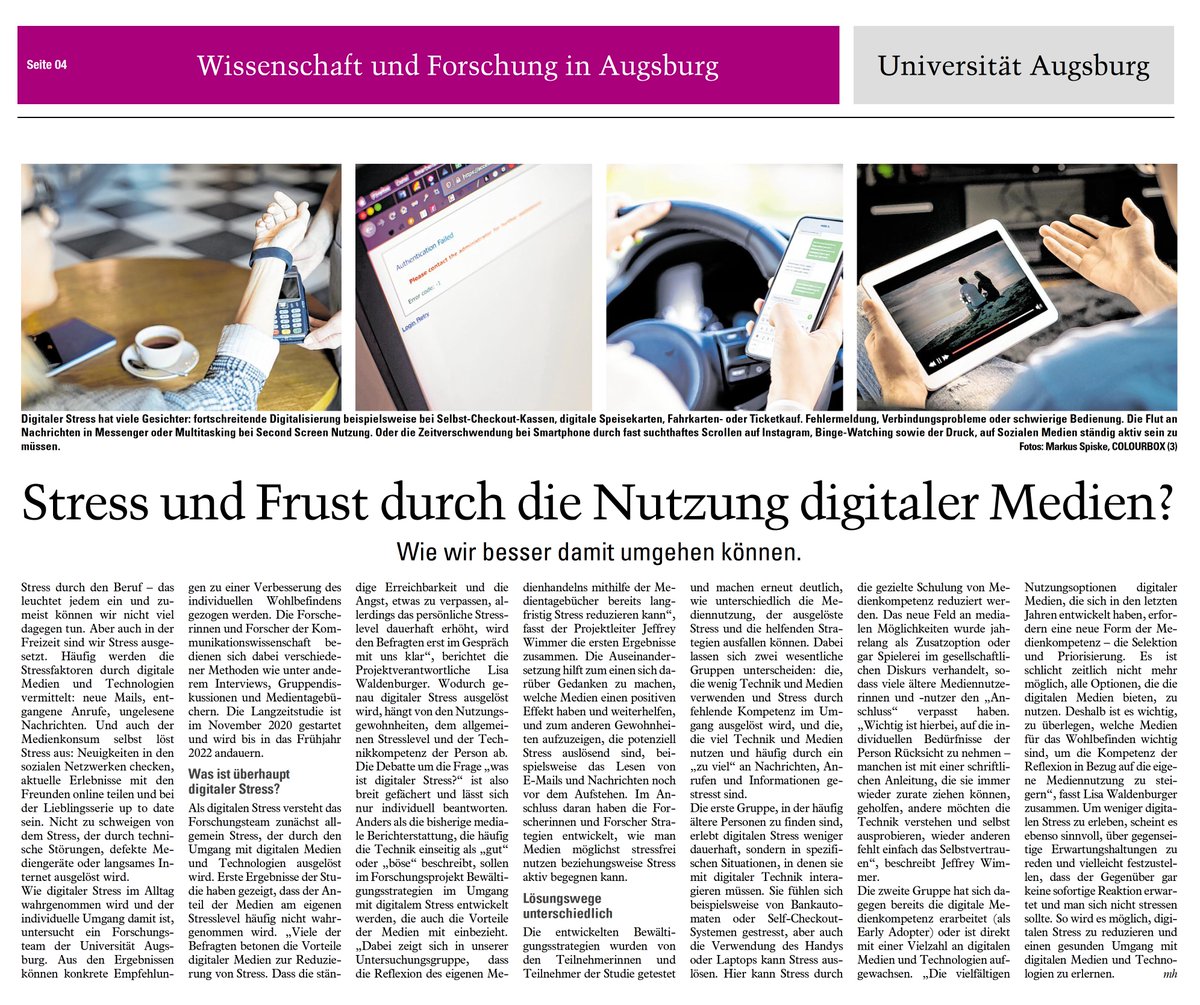 lisawldn's tweet image. Aktueller Beitrag in der Forschungsbeilage der @uni__augsburg in der @AZ_Augsburg über unser Forschungsprojekt im Rahmen von @ForDigitHealth.
#digitalstress #digitalwellbeing
