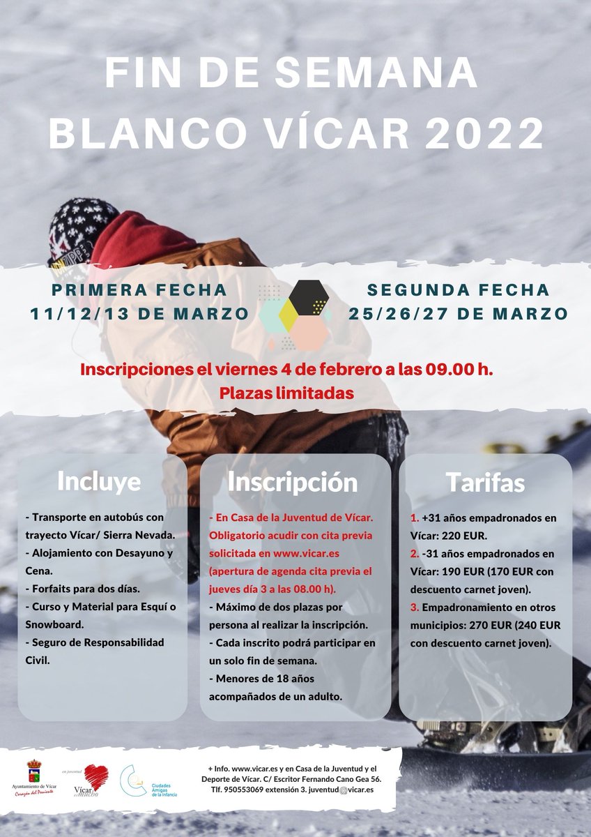 🏂Aún hay citas disponibles para inscribirte en el Fin de Semana Blanco Vícar 2022 vicar.es/Servicios/Recu…

📍Las inscripciones se realizarán de forma presencial en Casa de la Juventud el viernes 4 con cita previa. +Info. vicar.es