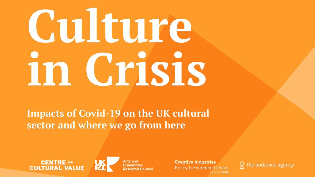 📣 Out now: our Culture in Crisis research report, one of the world’s largest studies into the impacts of Covid-19 on the cultural sector.
Read it here: bit.ly/346CdZS 
✏️ 25 researchers
🙌 Partners: <a href="/audienceagents/">The Audience Agency</a> &amp; <a href="/CreativePEC/">Creative Industries Policy & Evidence Centre</a>
🔼 Supported by <a href="/ahrcpress/">Arts and Humanities Research Council</a> | <a href="/UKRI_News/">UK Research and Innovation</a>