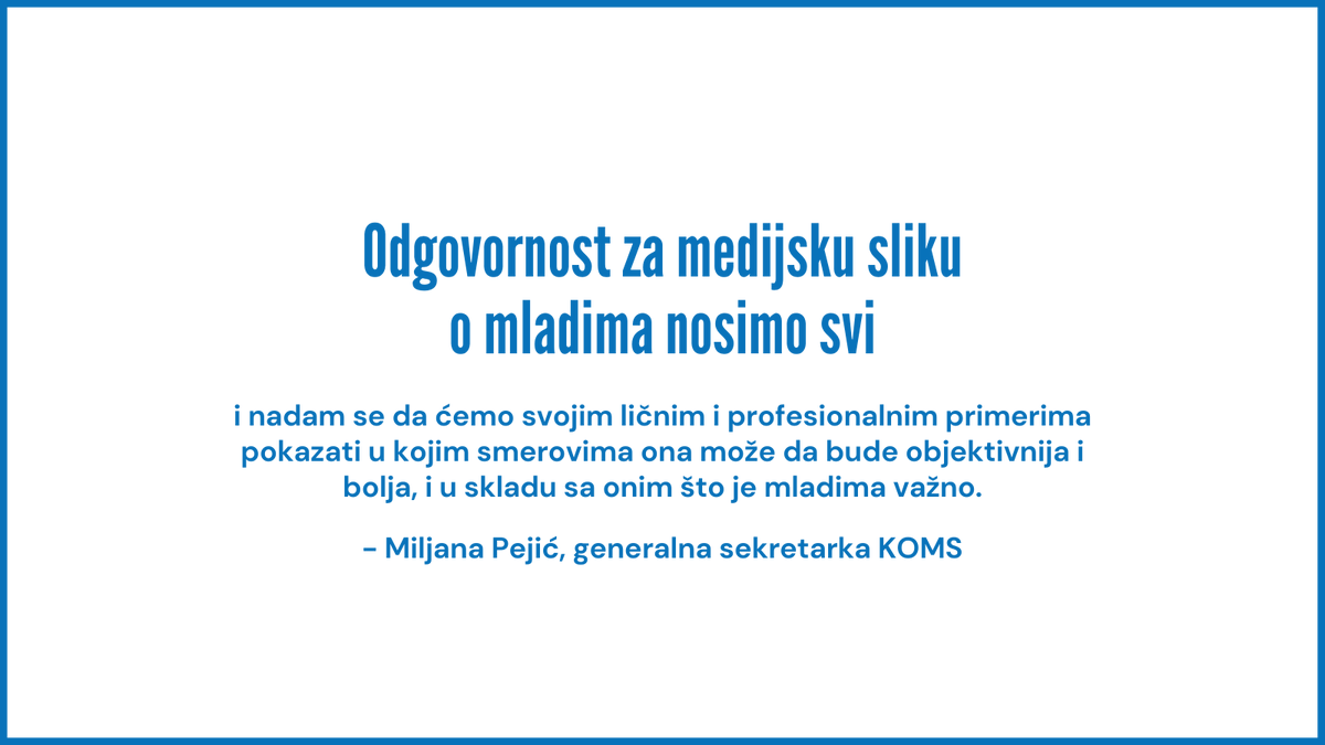 KOMSmladi's tweet image. Počela je konferencija "#Mladi u medijskom ogledalu"! 🤩

U uvodnom delu su govorili generalna sekretarka #KOMS, Miljana Pejić i predsednik Upravnog odbora KOMS, Uroš Savić Kain.

Prenos uživo👉🏻 youtube.com/watch?v=YzZb2j…