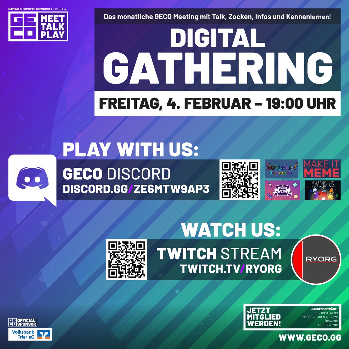 Am Fr., 4. Februar, laden wir wieder zum digitalen  Gathering ein 🎮 Offen für alle - egal ob Mitglied oder nicht.

Los geht's ab 19 Uhr auf unserem Discord: discord.gg/ZE6mTW9AP3