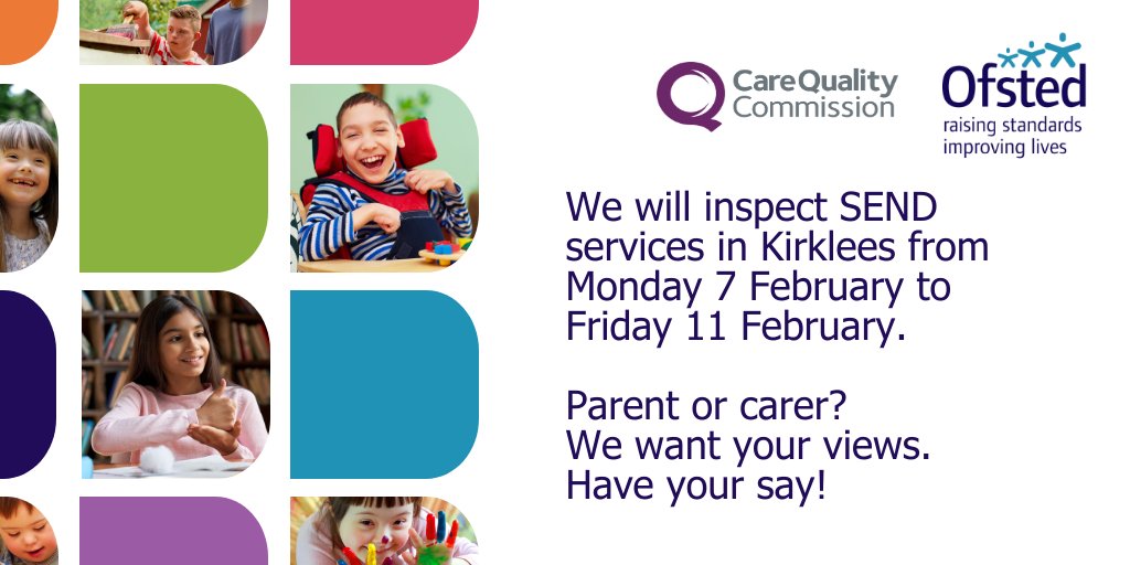 Parent or carer of a child with #SEND in Kirklees? Fill in the survey: ow.ly/pm1g50HKw6V 
or email us on Lasend.support@ofsted.gov.uk – please check your council website for more details. <a href="/CQCpressoffice/">CQC Press Office</a>