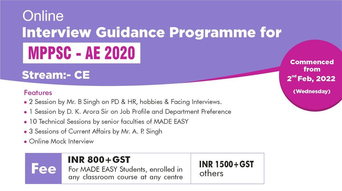 MADEEASY_Delhi's tweet photo. MADE EASY has announced the MPPSC-AE 2020 Online Interview Guidance Programme which will help aspirants to boost their confidence for the final interview.
Visit: https://t.co/nvlsRwlsHK
#MPPSC #MPPSCAE #MPPSC2020 #MADEEASY https://t.co/z665Z9oo3N
