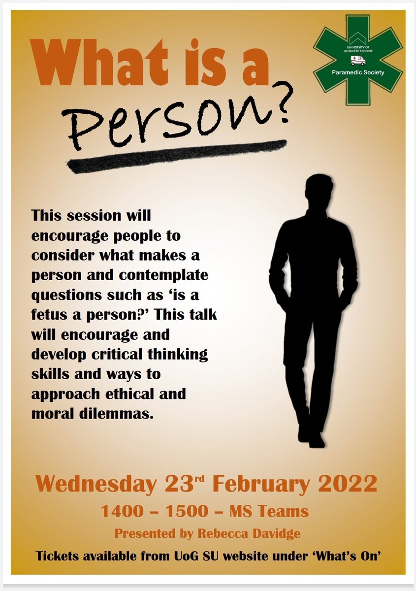 ⭐Open to all, including all non UoG or Paramedic Science students⭐ Online CPD event 'What is a Person?'. Presented by @rdavidgeworc ⭐⭐⭐ Wed 23rd Feb. 2pm-3pm. ⭐⭐⭐ Tickets: uogsu.native.fm/event/what-is-… ⭐⭐⭐ Join the society: uogsu.com/organisation/p…