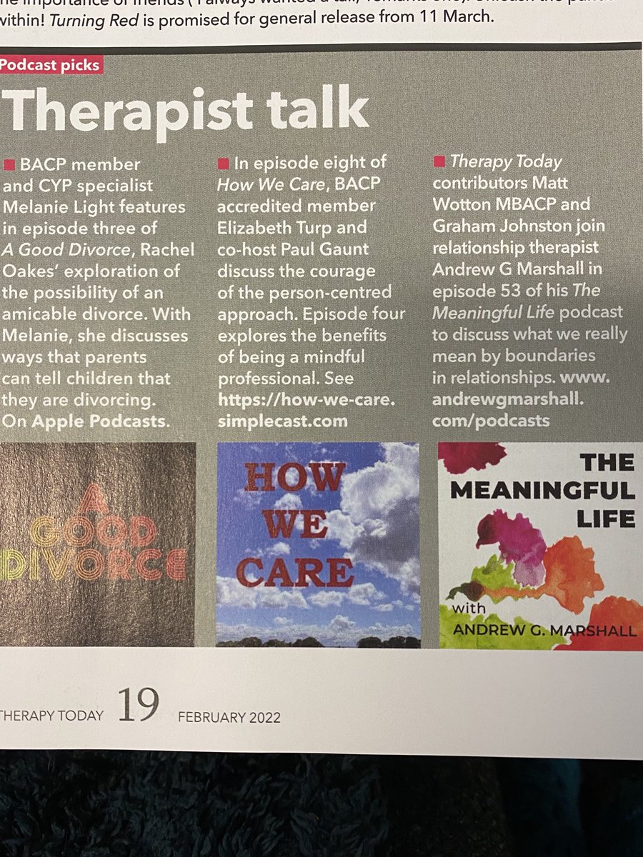 howwecarepod's tweet photo. We are mentioned in latest ⁦@BACP⁩ Therapy Today journal! Follow Hosts ⁦@lizahpool⁩ &amp; ⁦@paulgoodwork⁩ on their professional accounts for more on their work #TherapistsConnect https://t.co/y31ZaUKlJ6