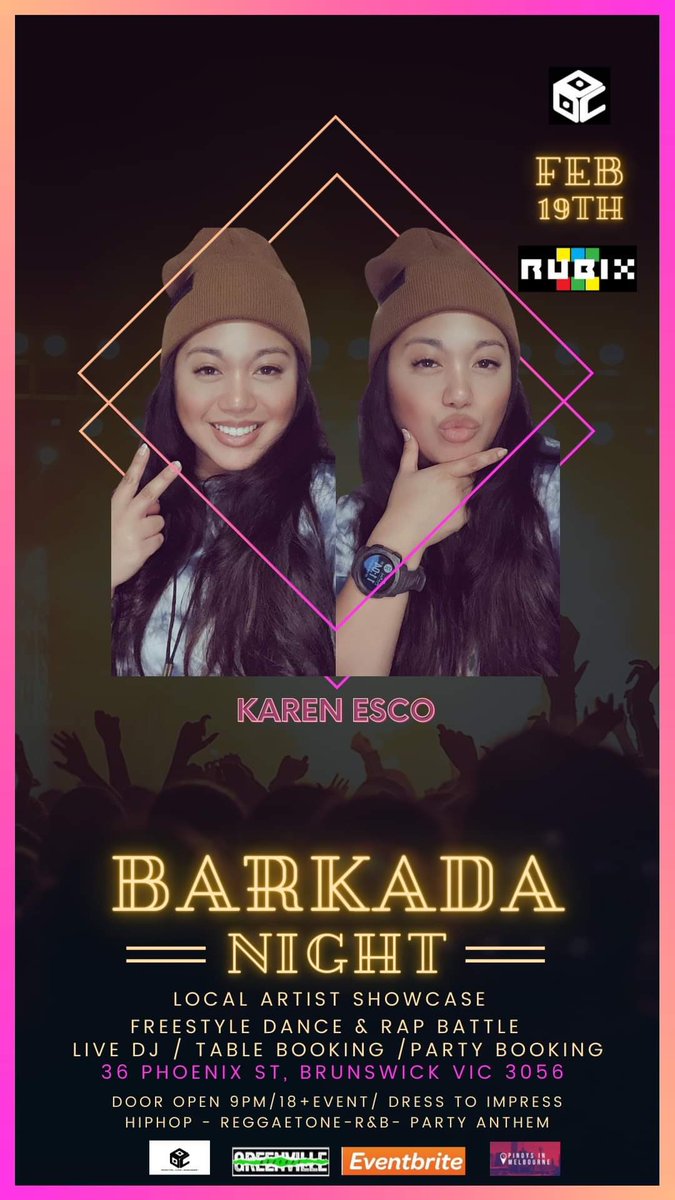 We will be showcasing some of Melbourne’s TOP local talent Barkada NIGHT!!!!

If you would like to join us on this incredible night at RUBIX Warehouse Melbourne , on February 19th from 9 pm onwards.

eventbrite.com/e/256478292477…

GET YOUR TICKETS NOW BEFORE THEY SELL OUT!