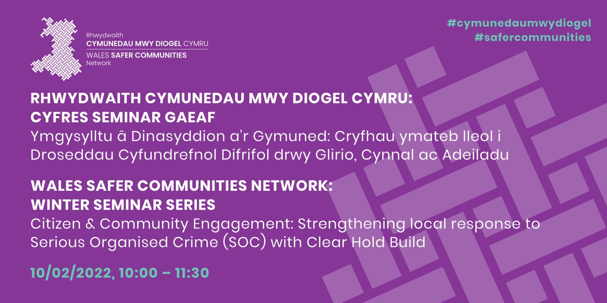 Join us for our seminar next Thursday, Citizen & Community Engagement: Strengthening local response to #SeriousOrganisedCrime with Clear Hold Build.

Please share the word with your local networks and #communitygroups!

eventbrite.co.uk/e/citizen-comm…

#SaferCommunities #Wales