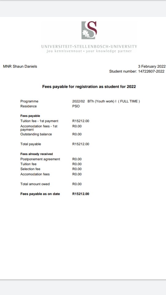 shaundeelive's tweet photo. @RenaldoGouws I need your assistance by spreading the word. I am a father, husband and a potential student. I need to pay my registration fees at Maties, but I can't afford it. You can see my heart in this. All funds must be paid to Maties with my student number as reference. https://t.co/2S1MMVtVKa