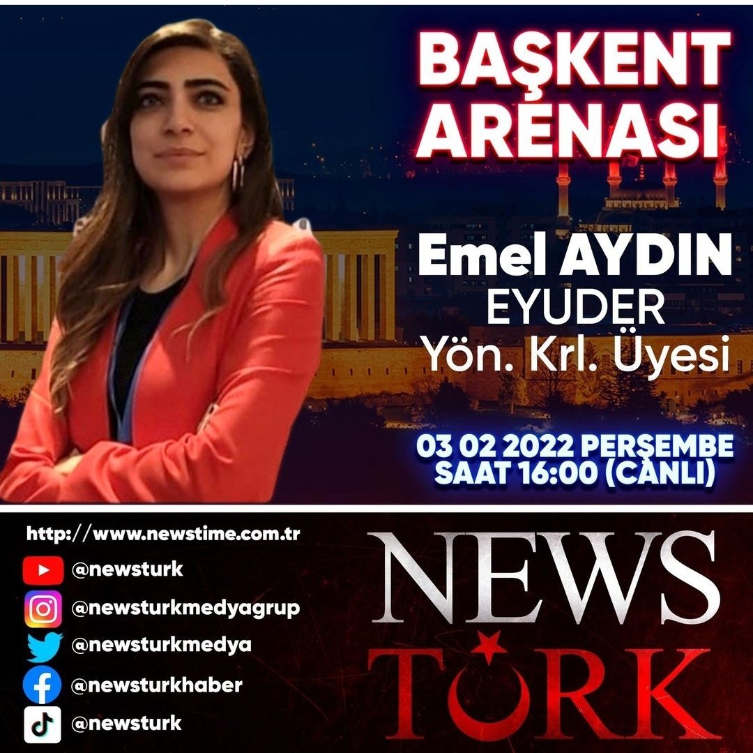 EYUDER Yönetim Kurulu Üyesi Sayın Emel Aydın bugün saat 16.00 da NewsTurk Başkent Arenası programında derneğimiz ve faaliyetleri ile ilgili açıklamalarda bulunacaktır .
İşi eğitim gücü eğitim olan tüm eğitimcilerimizi yayına bekliyoruz.
@NewsTurkMedya  @ml_ogretmen