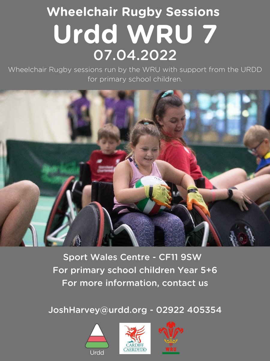 Hoffwn gyhoeddi sesiynau rygbi cadair olwyn o ran yr URDD WRU 7s ar y 7fed o Ebrill yng Nghanolfan Chwaraeon Cymru i blant BL 5+6
🏴󠁧󠁢󠁷󠁬󠁳󠁿🏉🏴󠁧󠁢󠁷󠁬󠁳󠁿🏉🏴󠁧󠁢󠁷󠁬󠁳󠁿🏉🏴󠁧󠁢󠁷󠁬󠁳󠁿
We would like to announce Wheelchair Rugby Sessions as part of the URDD WRU 7s, on the 7th of April at Sport Wales for Children Yr 5+6