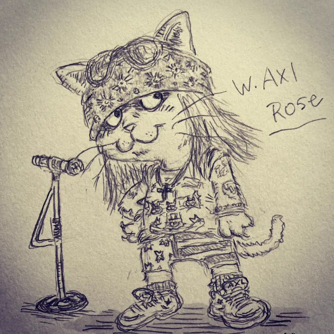 猫界のガンズアンドローゼズ🌹
みんな大好きアクセルローズ🎤😸
#イラスト #アナログイラスト #猫イラスト #GunsNRoses  #axlrose 
 #みんなで楽しむTwitter展覧会 